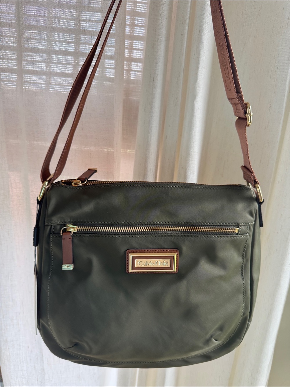 Calvin Klein Olive Green Crossbody with Brown Strap Accents